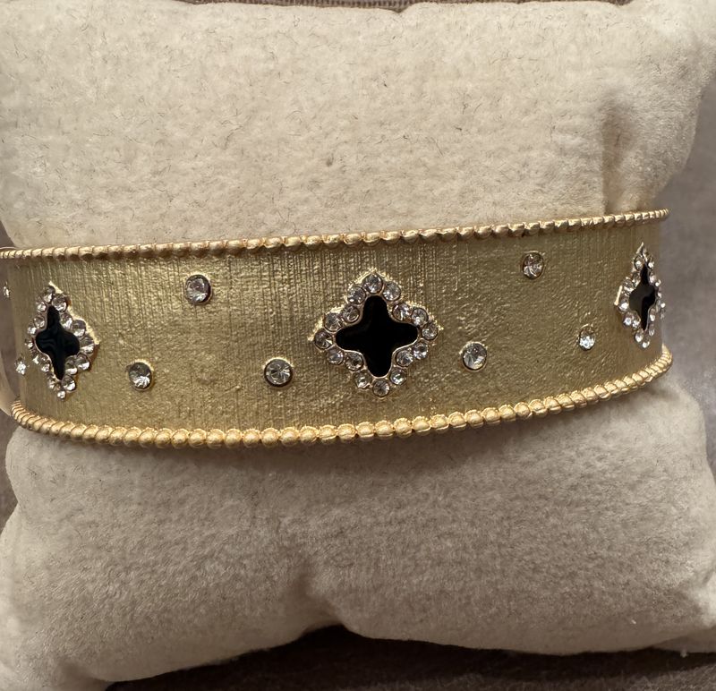 Brushed Gold Cuff w/ Black Clovers