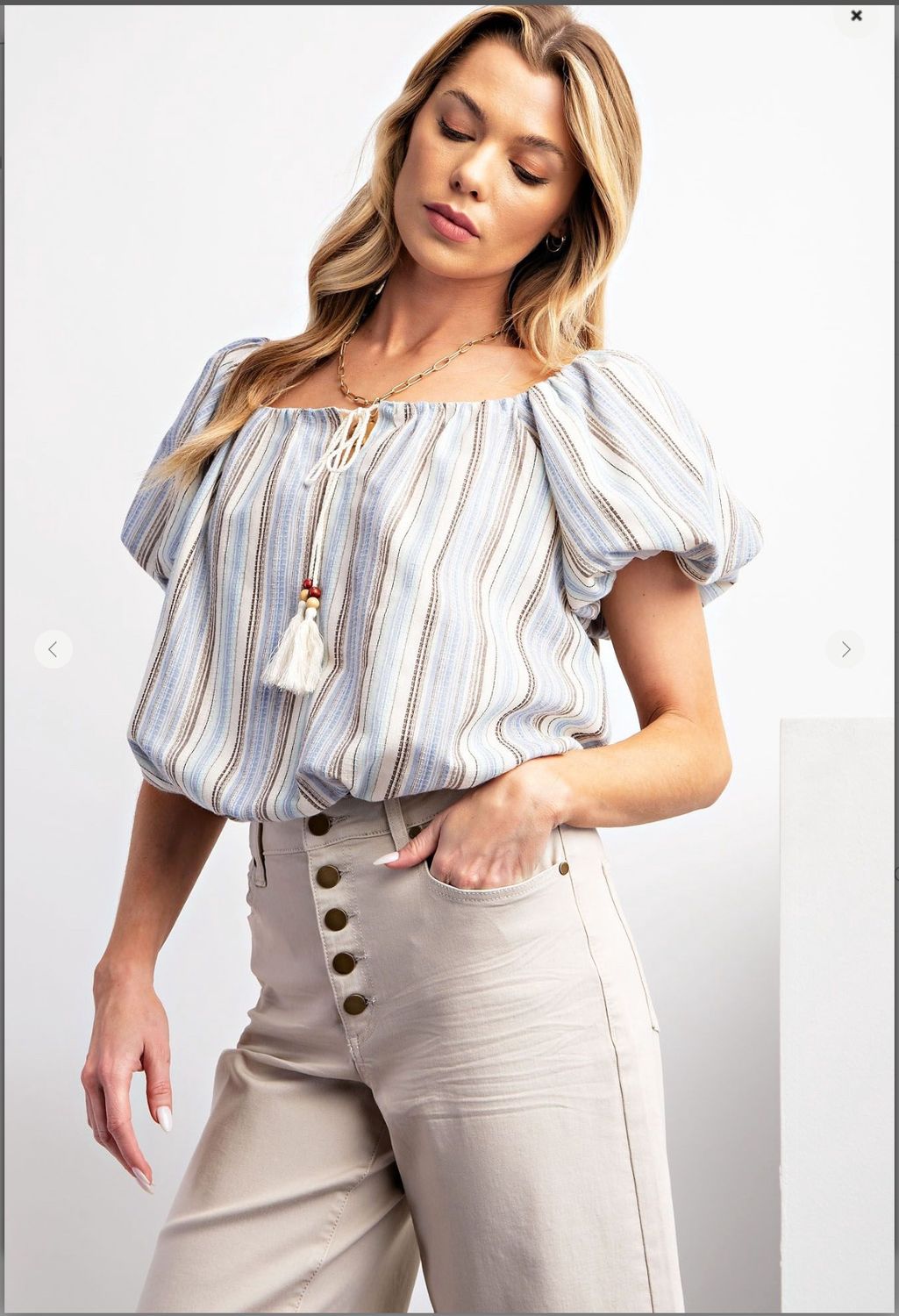 Puff Sleeve Striped Poly Linen Crop Top