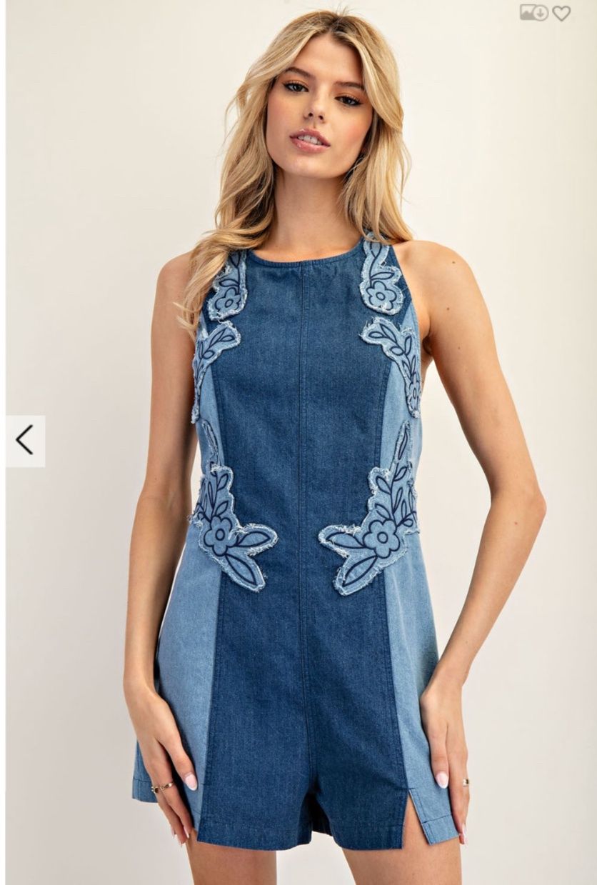 Mineral Washed Embroidered Denim Romper