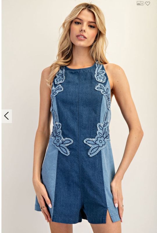 Mineral Washed Embroidered Denim Romper