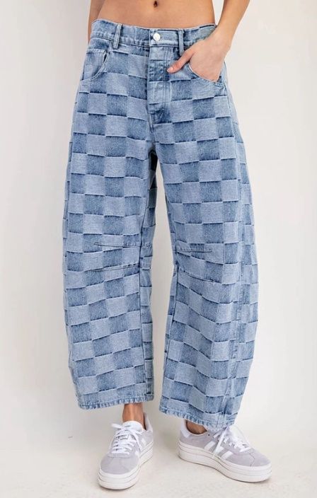 Mineral Washed Checker Print Barrel Jeans