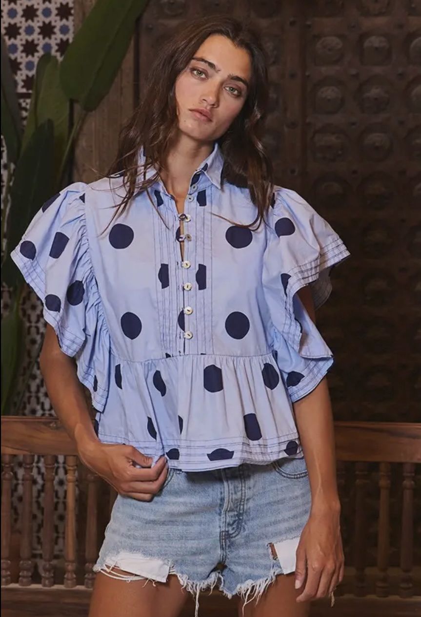 Ruffle Sleeves Pintuck Polka Dot Top