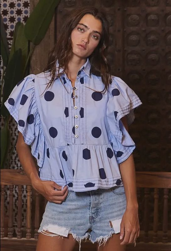 Ruffle Sleeves Pintuck Polka Dot Top