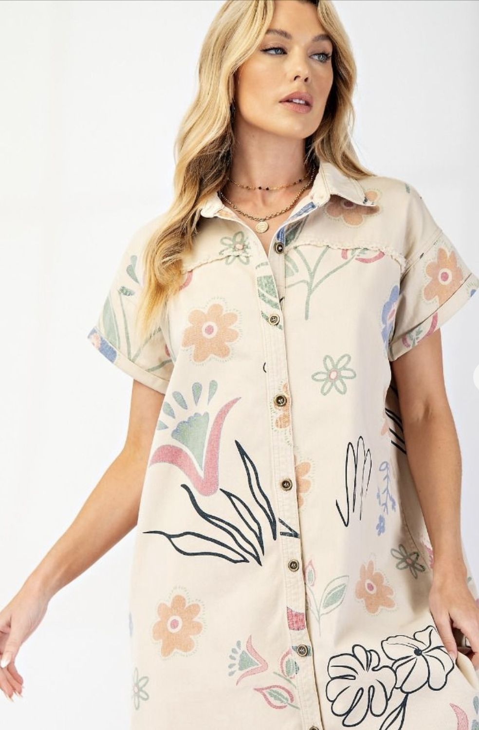 Short Sleeve Print Washed Dress
