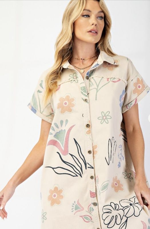 Short Sleeve Print Washed Dress
