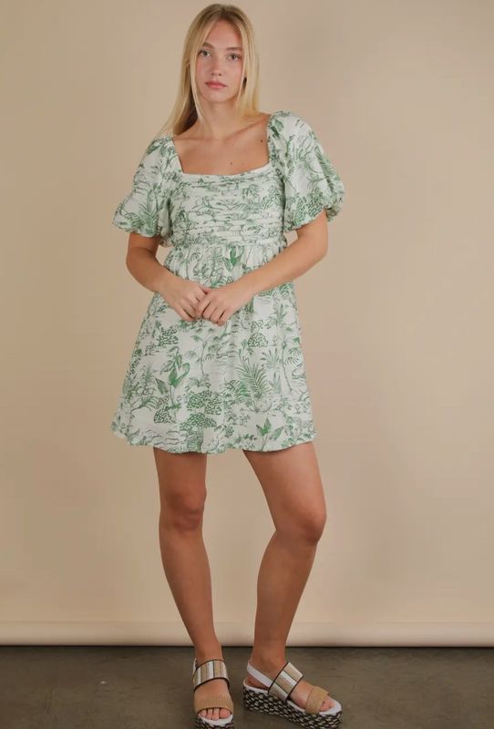 Tropical Puff Sleeve Mini Dress