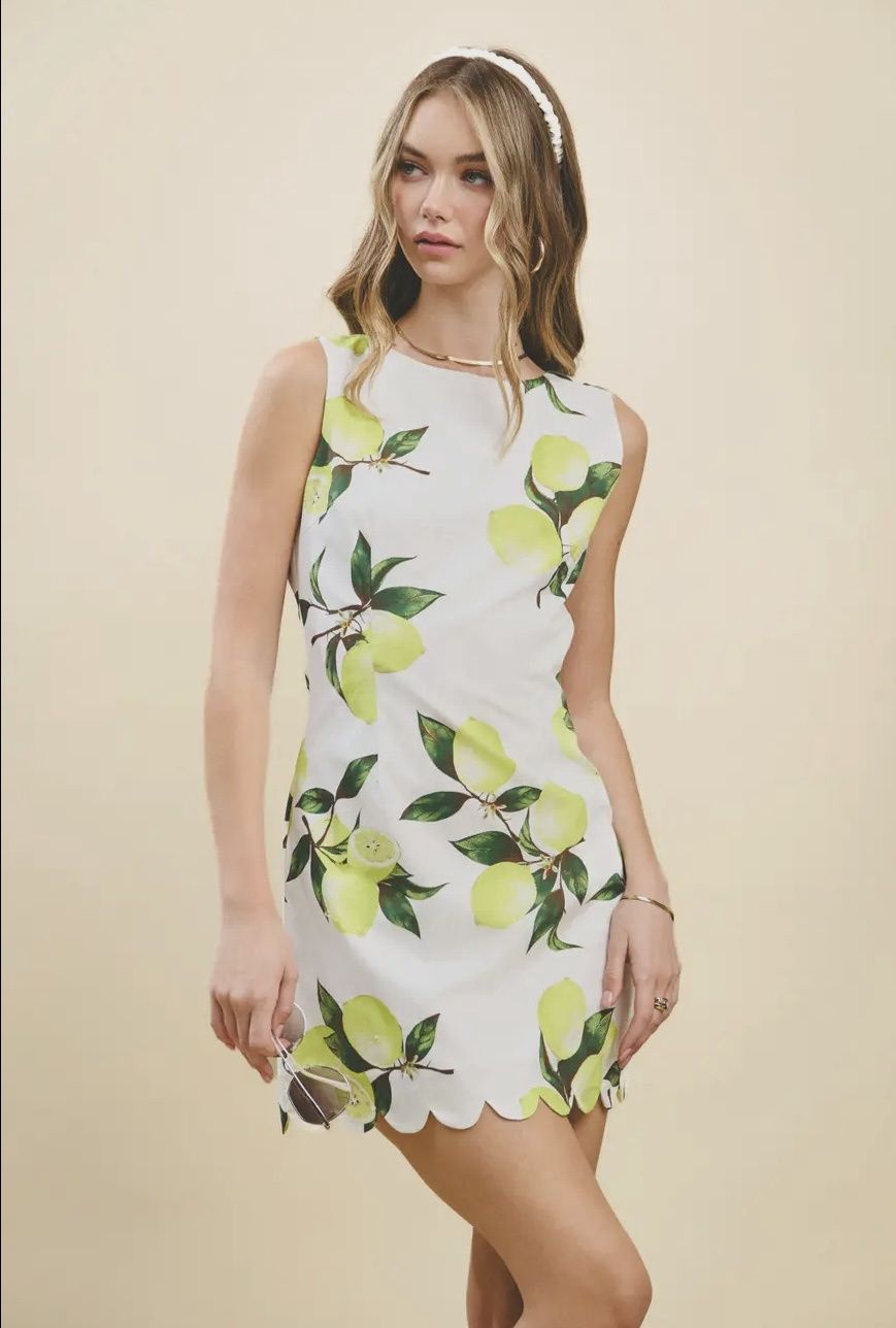 Lemon Print Back Cutout with Self Tie Dress