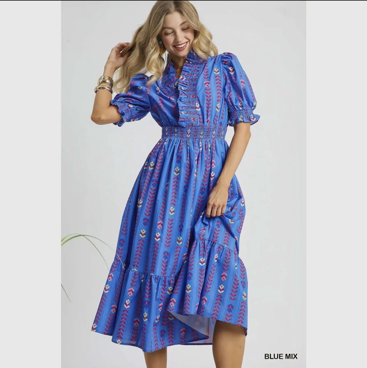 Print Puff Sleeve Ruffle Smocked Midi Dress