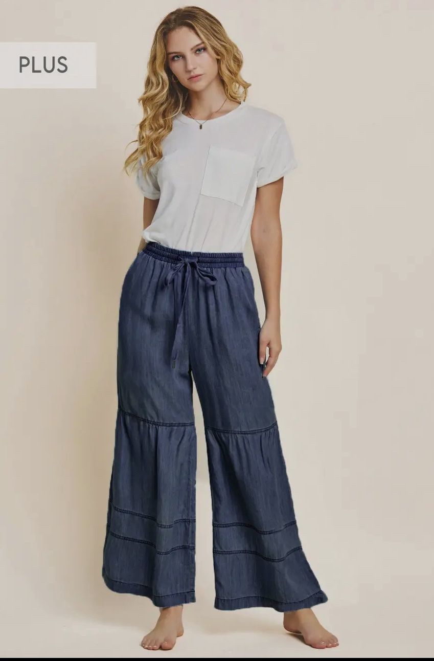 Plus Washed Denim Tiered Wide Leg Pants