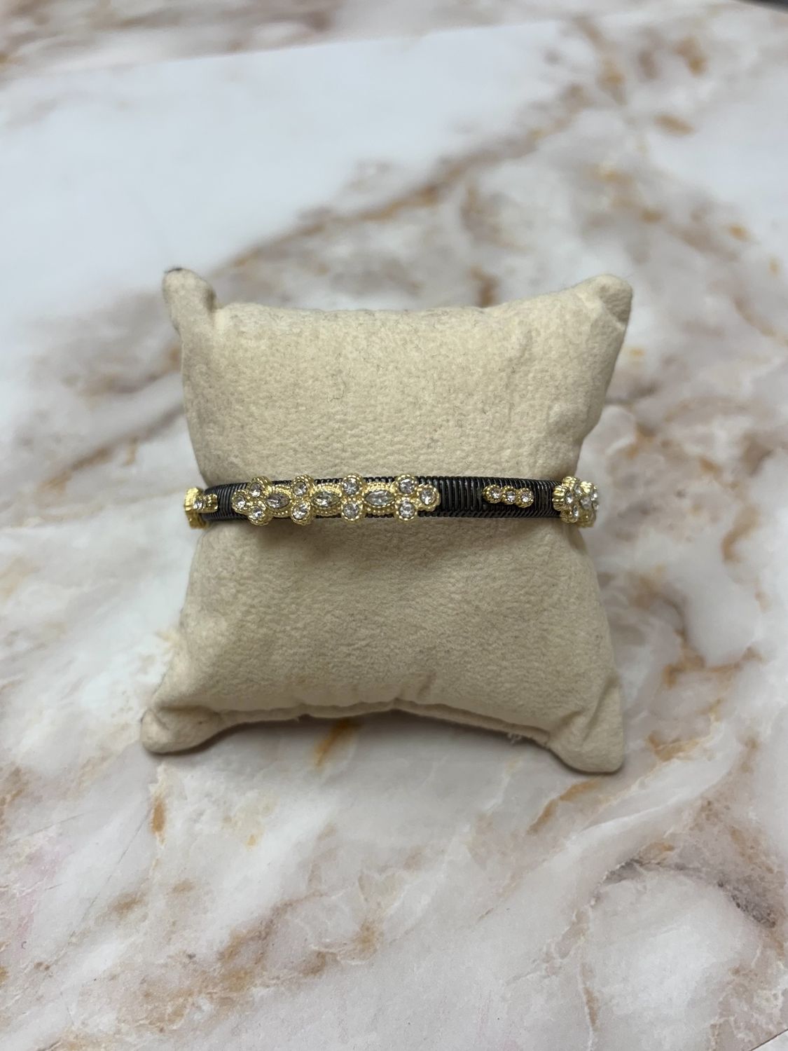 Black Hem Cable Bangle w/Gold &amp; CZ’s