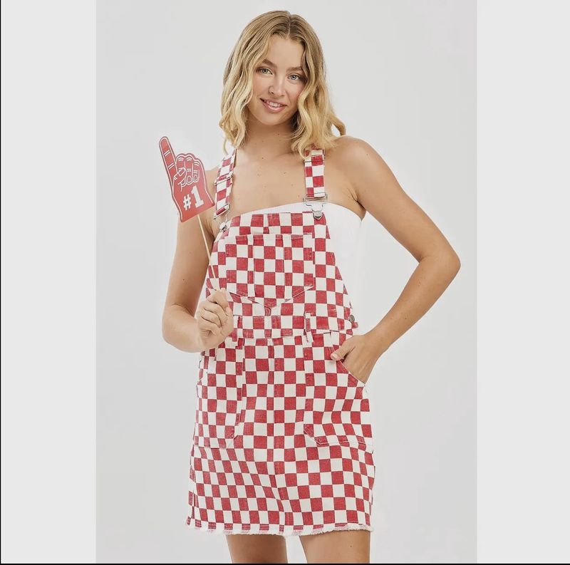 Game Day Checkered Bib Overall Mini Dress