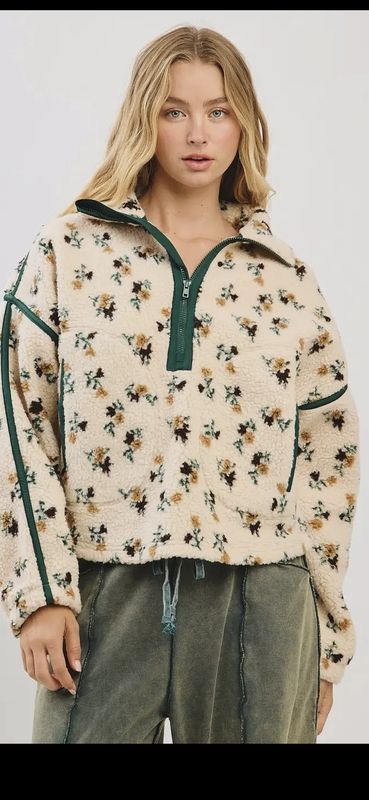 Flower Print Half Zip Contrast Fleece Sweatshirt