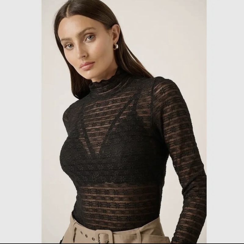 Lace Fabric Mock Neck Long Sleeve Top