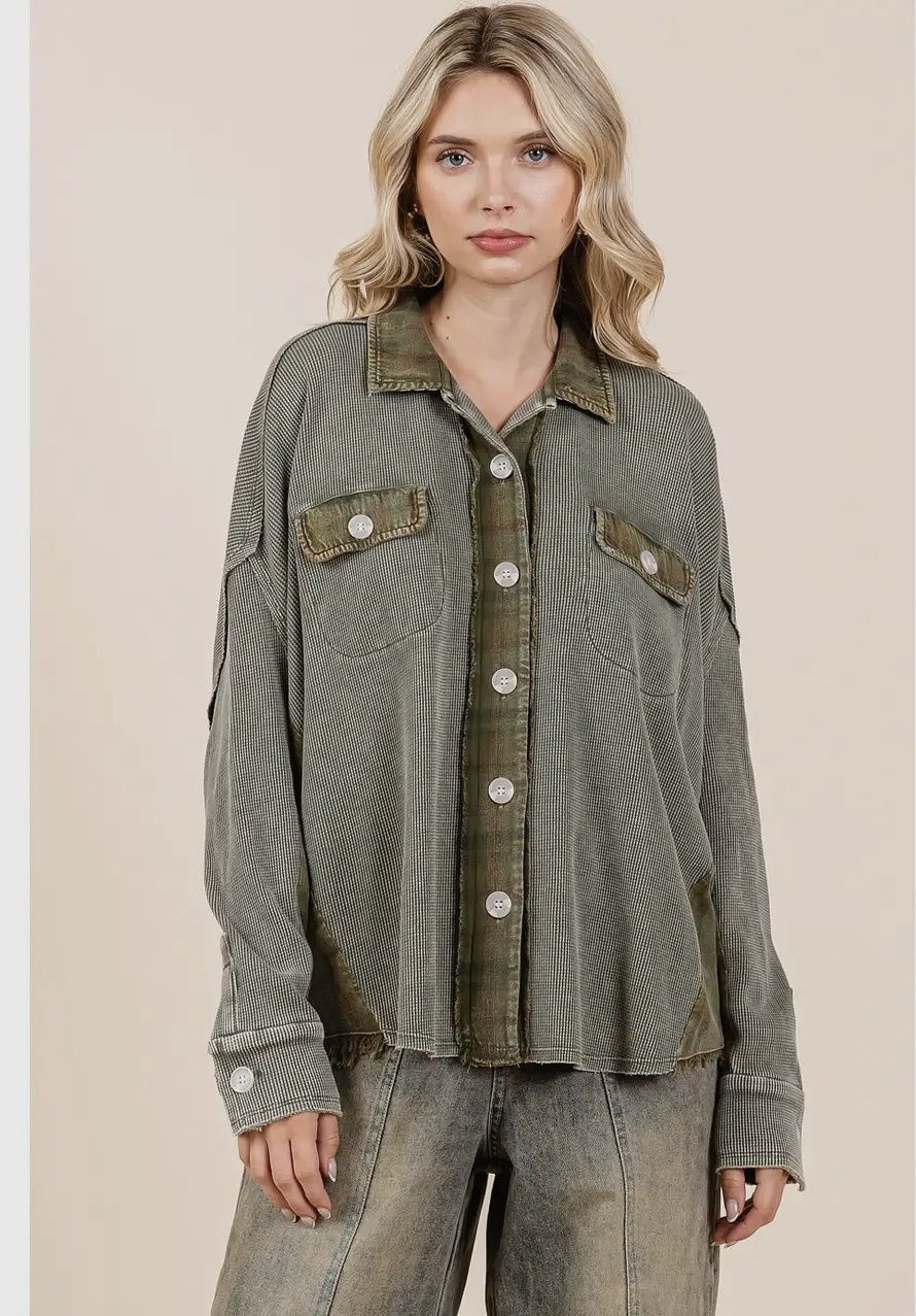 Mineral Wash Plaid Contrast Waffle Knit Shacket