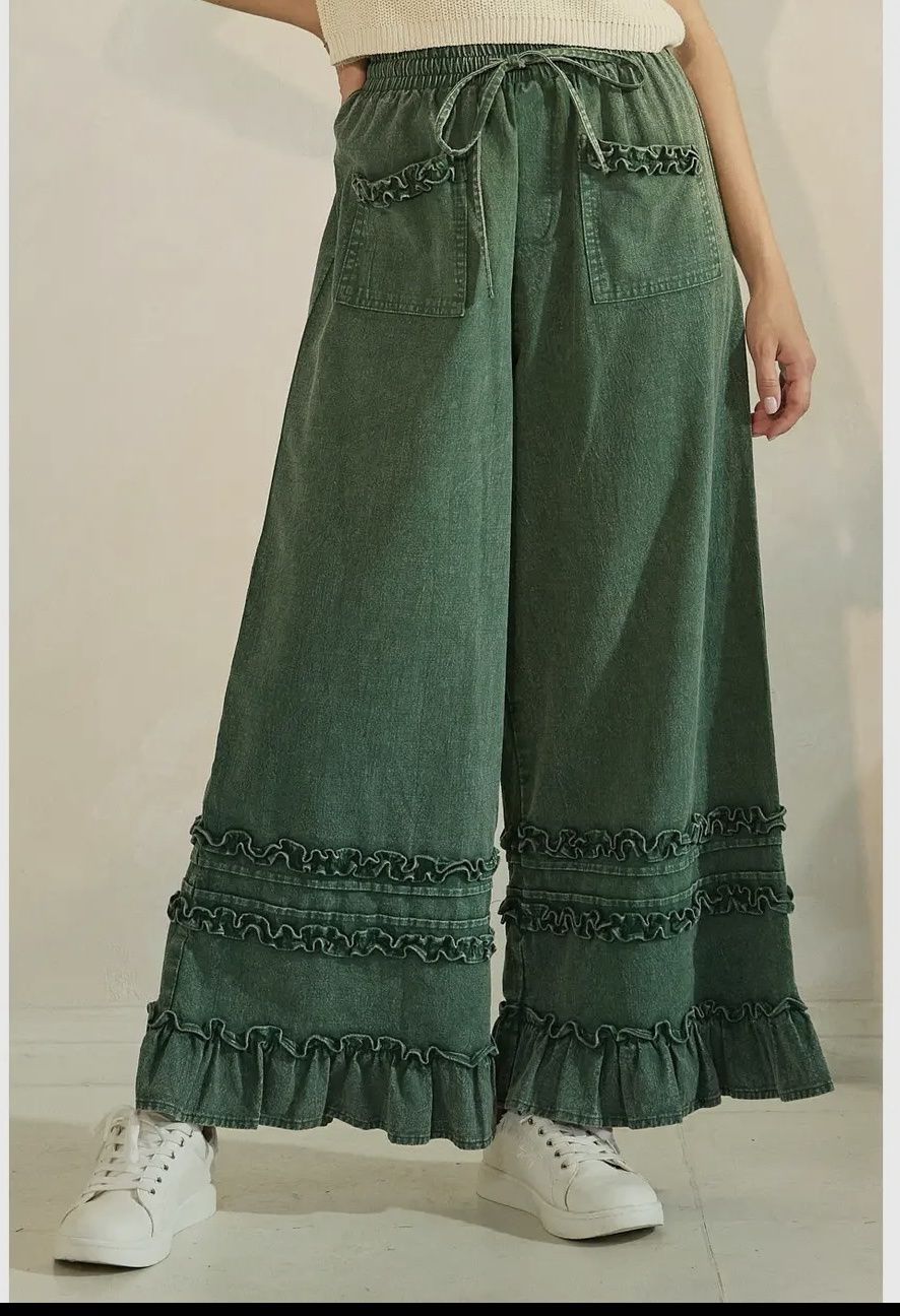 Ruffle Trim Pocket Mineral Wash Wide Leg