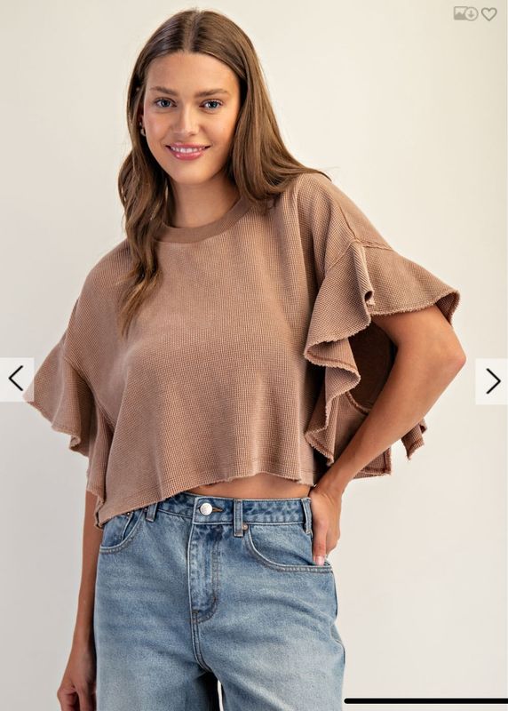 Waffle Knit Tiered Flutter Sleeve Crop Top