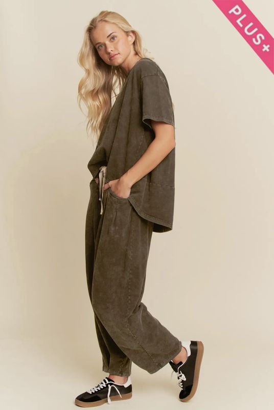 Plus Garment Washed Pleat Short Sleeve Set