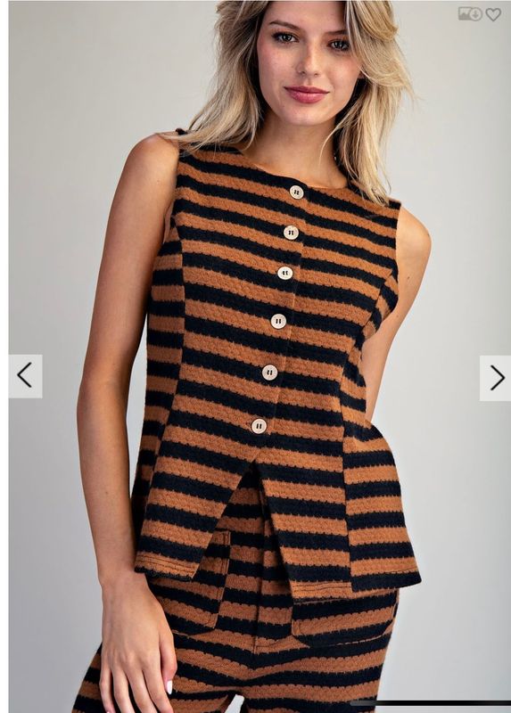 Scallop Striped Knit Button Down Vest