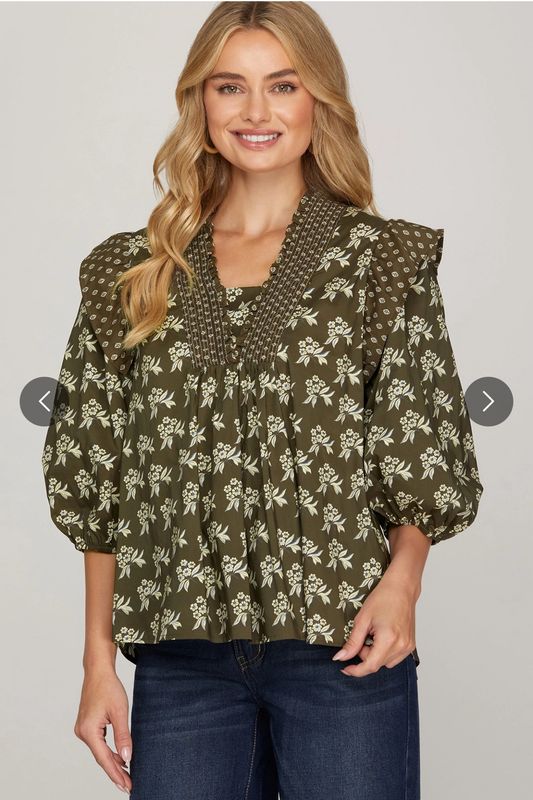 3/4 Sleeve Smocked Neck Woven Print Top