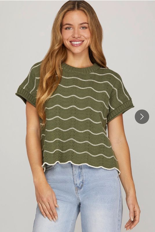 Drop Short Sleeve Scallop Striped Pattern Knit Sweater