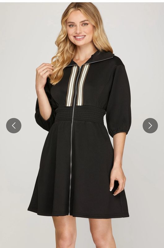 Half Sleeve Zip Up Smocked Waist Knit Mini Dress