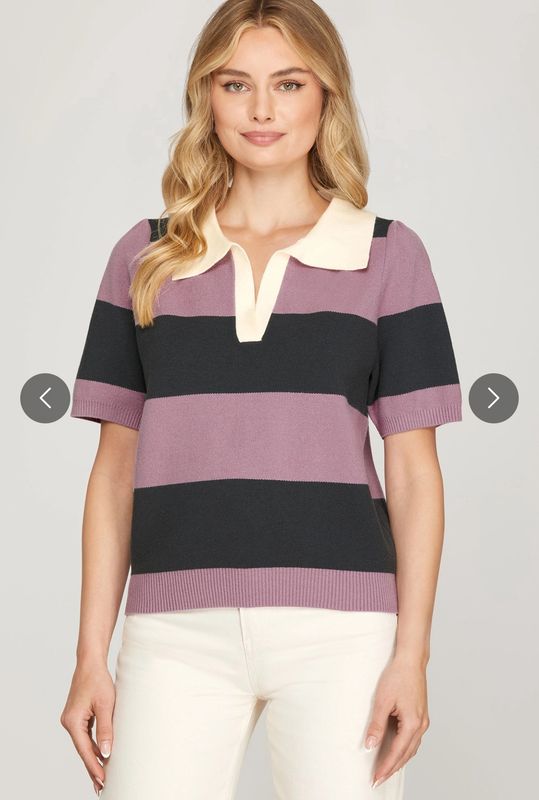 Polo Neck Collar Striped Sweater Top