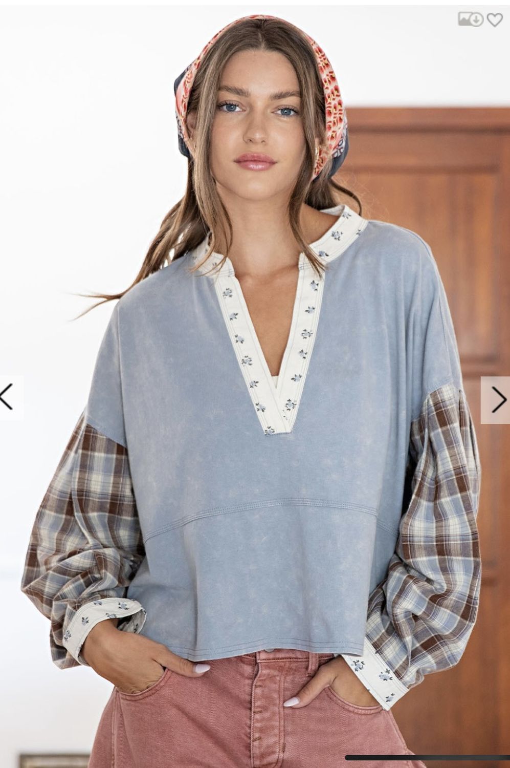 Mineral Washed Floral Trim Contrast Top