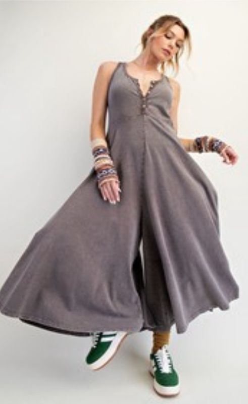 Button Down Wide Leg Mineral Washed Romper