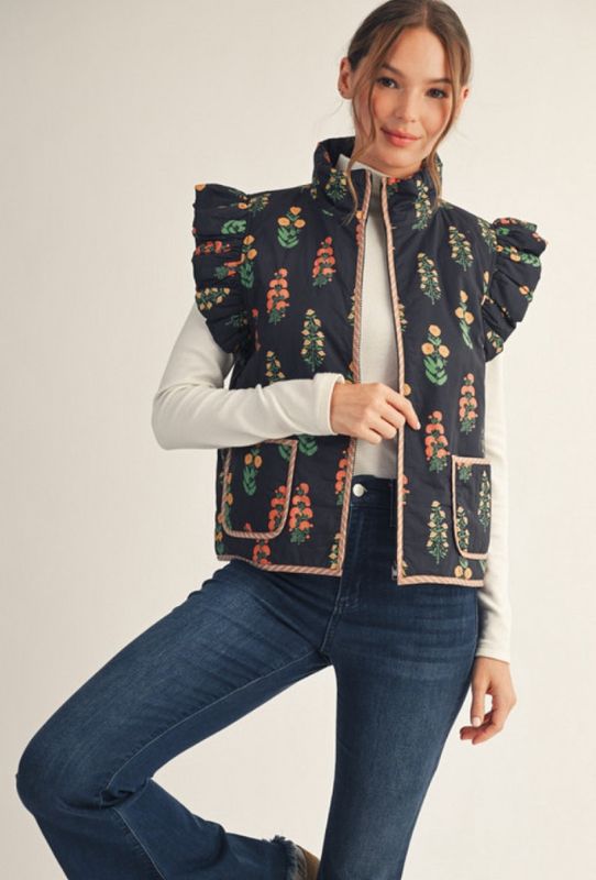 Floral Puffy Vest w/ Ruffle Cap Sleeve