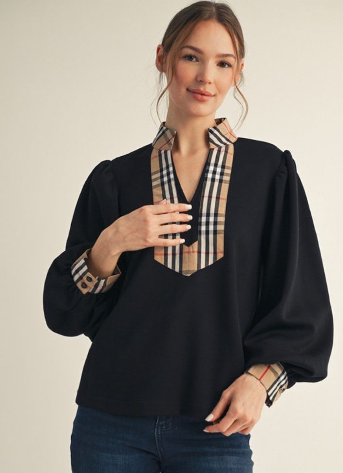 Long Puff sleeves w/ Plaid Contrast Accent
