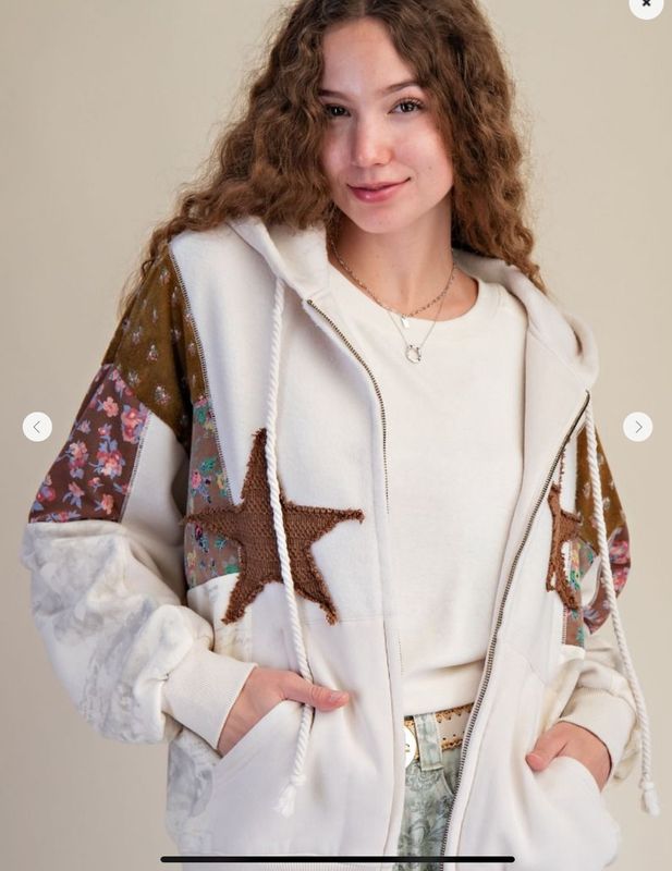 Print Mix Star Patch Knit Zip Up Hoodie Jacket