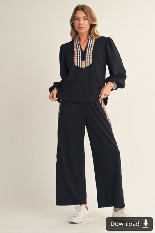 Long Puff Sleeves with Plaid Contrast and Pant set