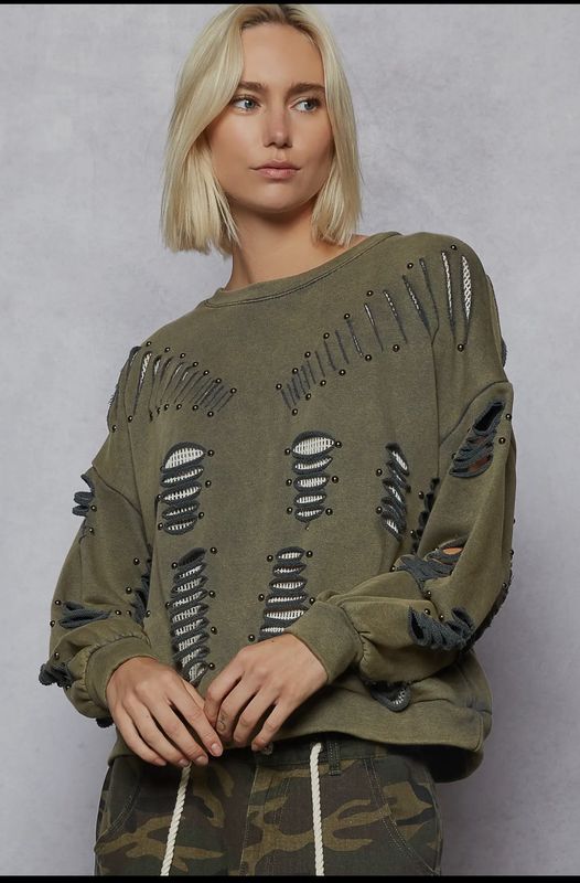 Vintage  Washed Long Sleeve Distressed Sweatshirt