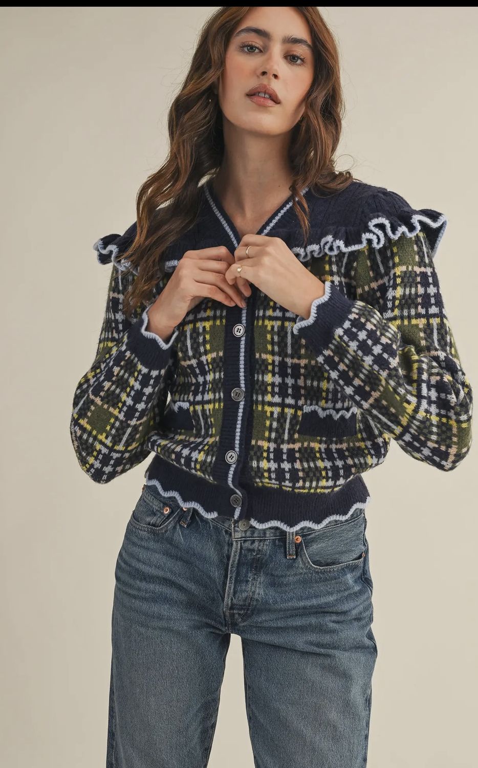 Ruffled Yoke Plaid Sweater Cardigan