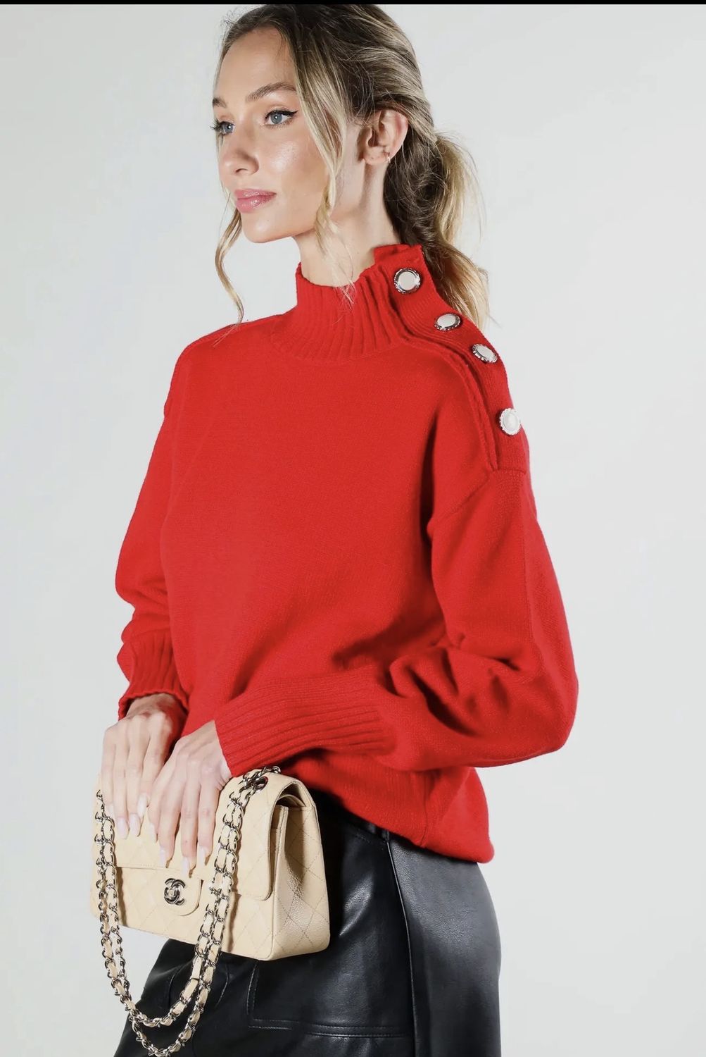 Mock Neck Button Detail Knitted Sweater