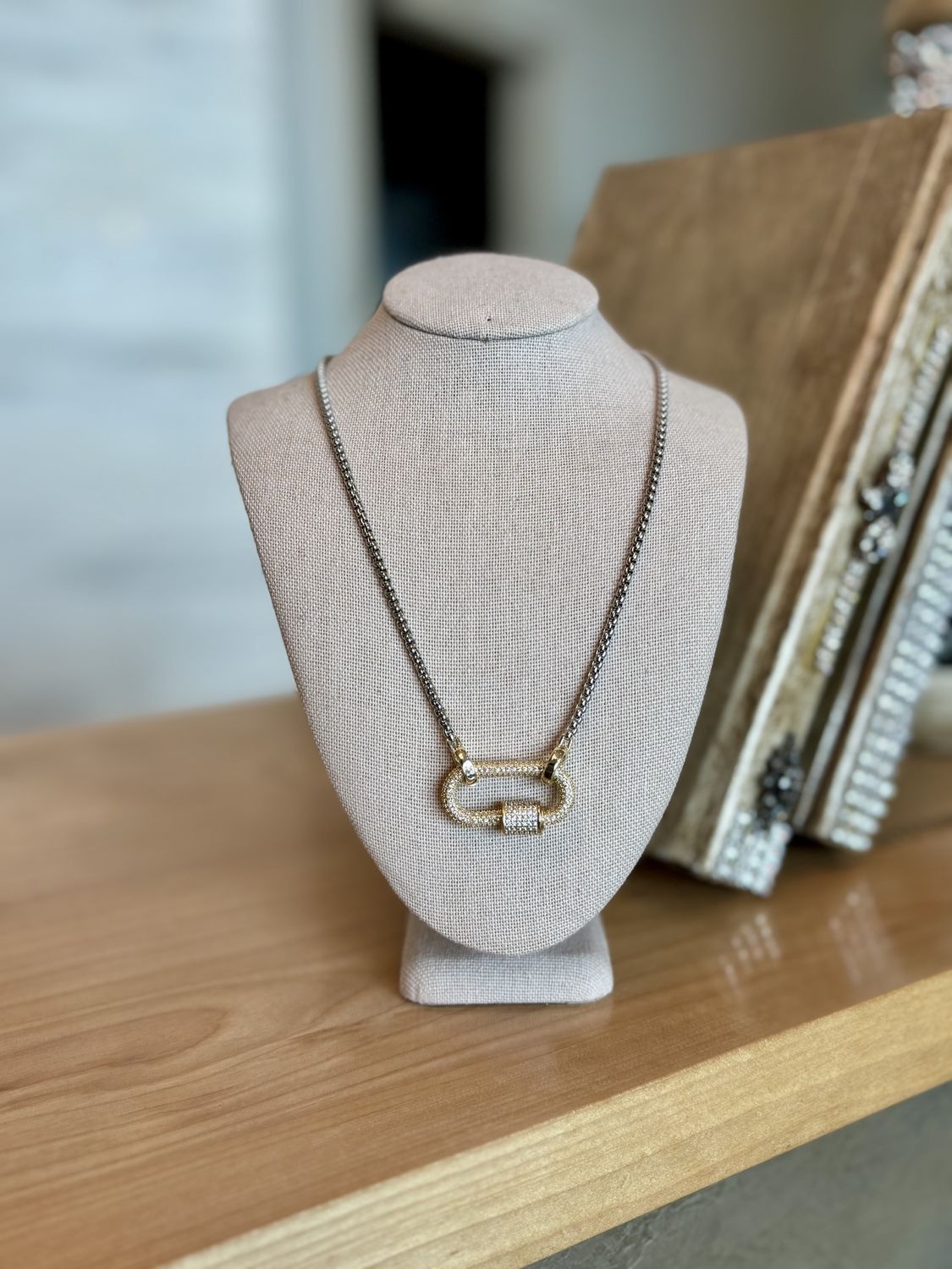 Two Tone Box Chain CZ Lock Necklace