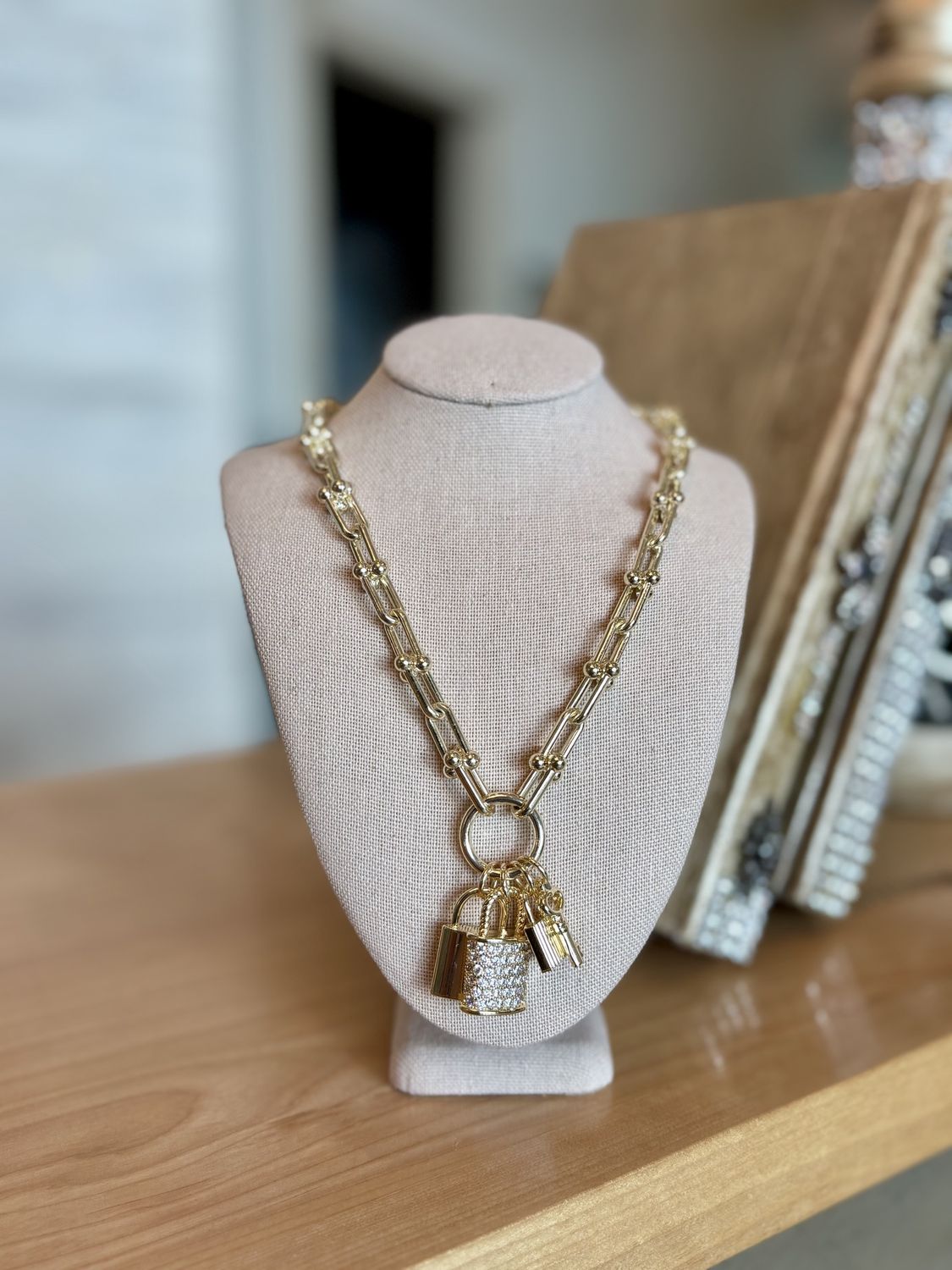 Gold Pave Lock Charm Necklace