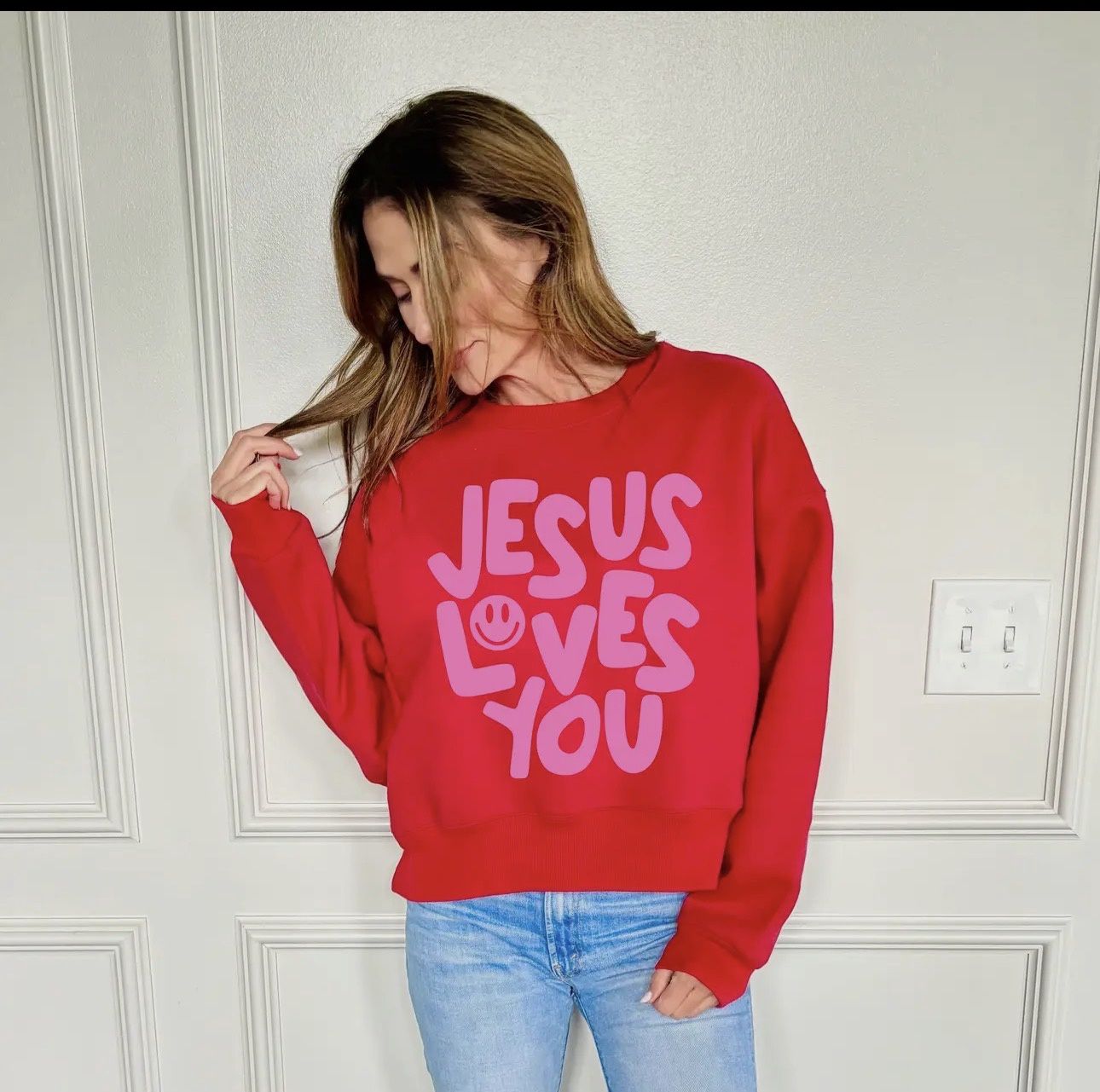 Smiley Jesus Loves You Puff Red Crop Sweatshirt