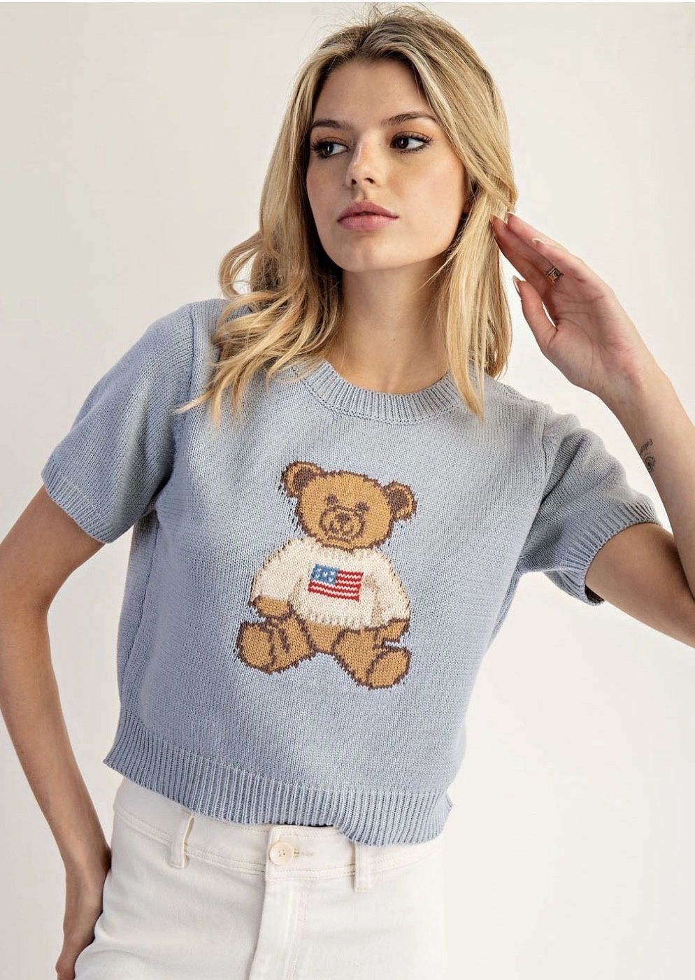 Teddy Bear American Flag Short Sleeve Sweater