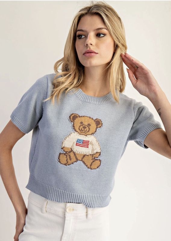 Teddy Bear American Flag Short Sleeve Sweater