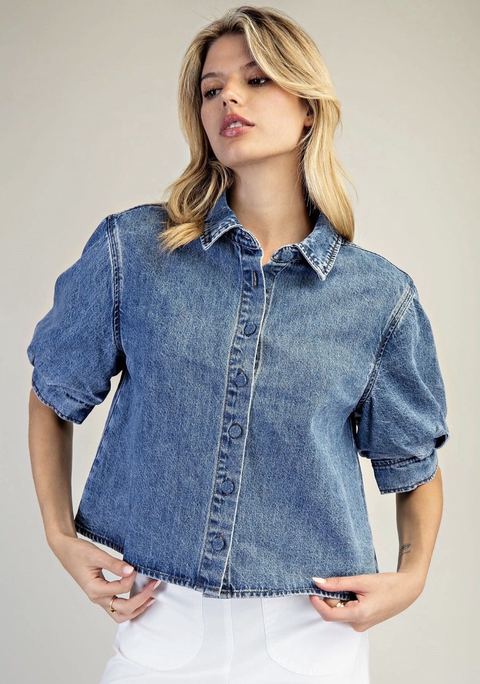 Denim Button Down Puff Sleeve Top