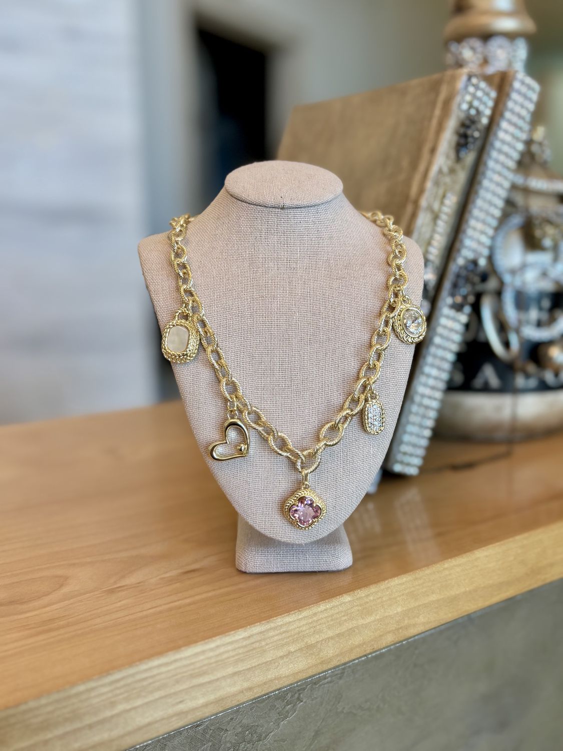 Gold Pave Pink Charm Necklace