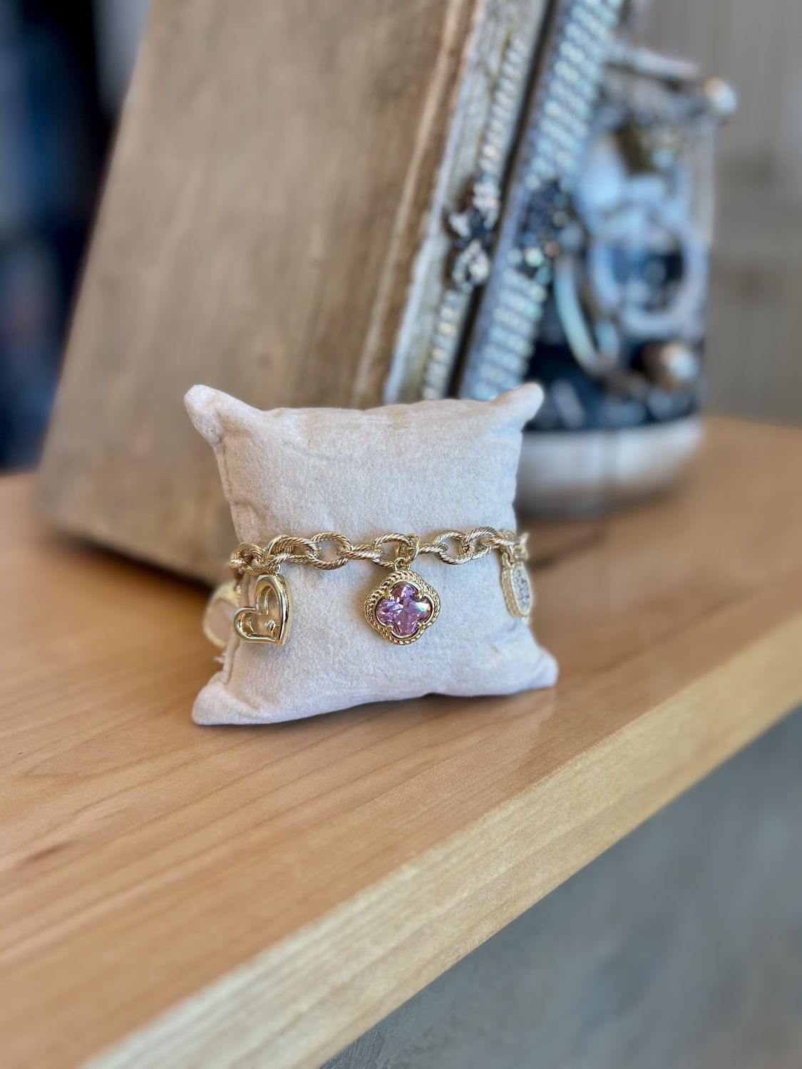 Gold Pave Pink Charm Bracelet