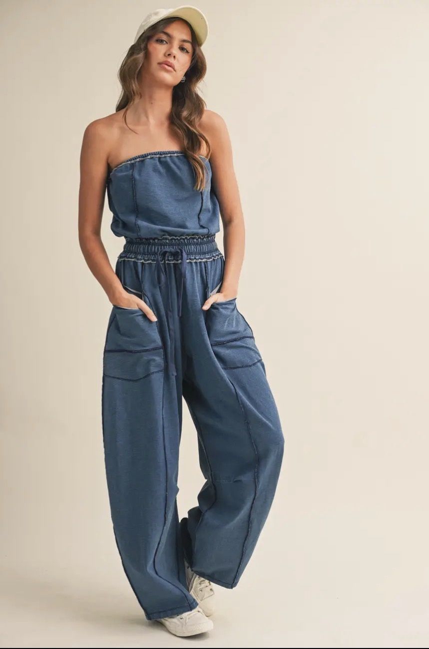 Mineral Washed Strapless Exposed Seam Jumpsuit