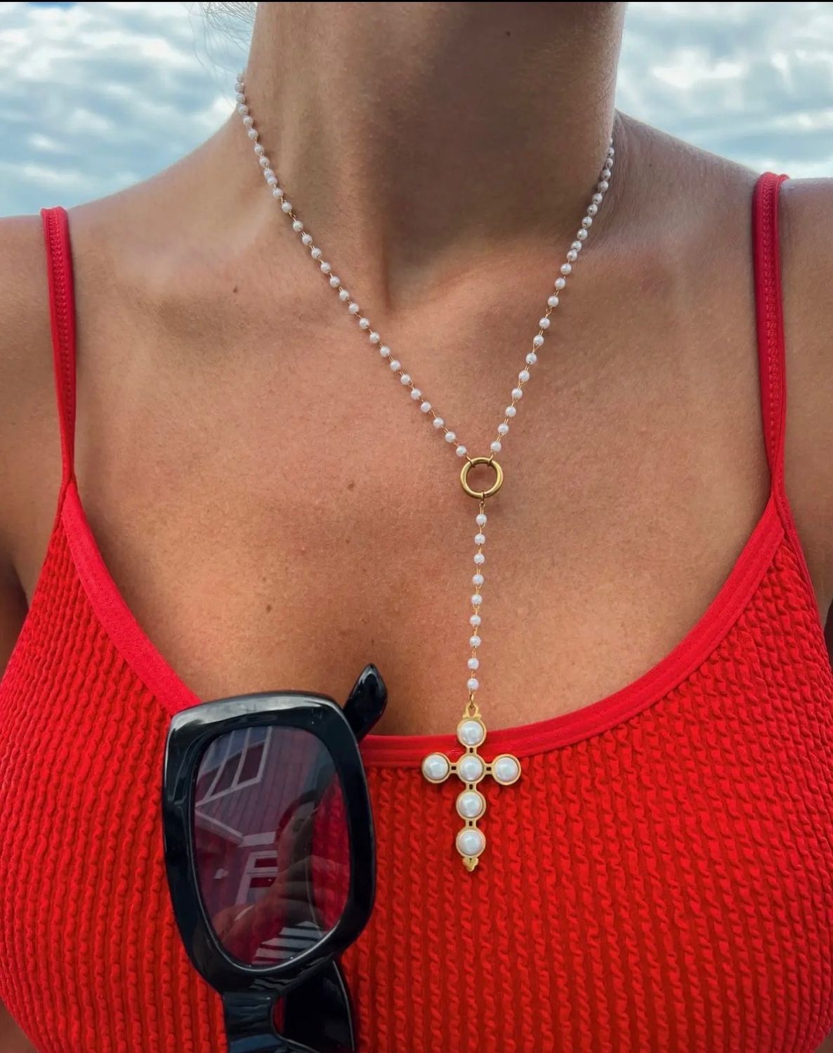 Lariat Pearl Cross Necklace