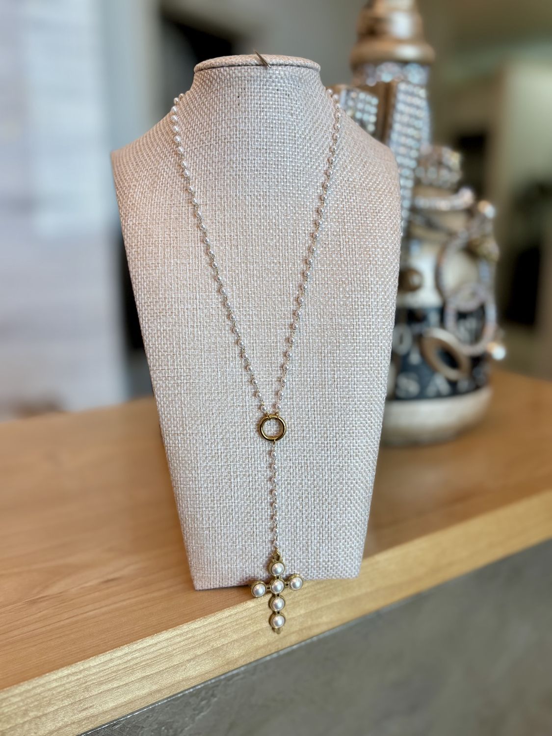 Lariat Pearl Cross Necklace