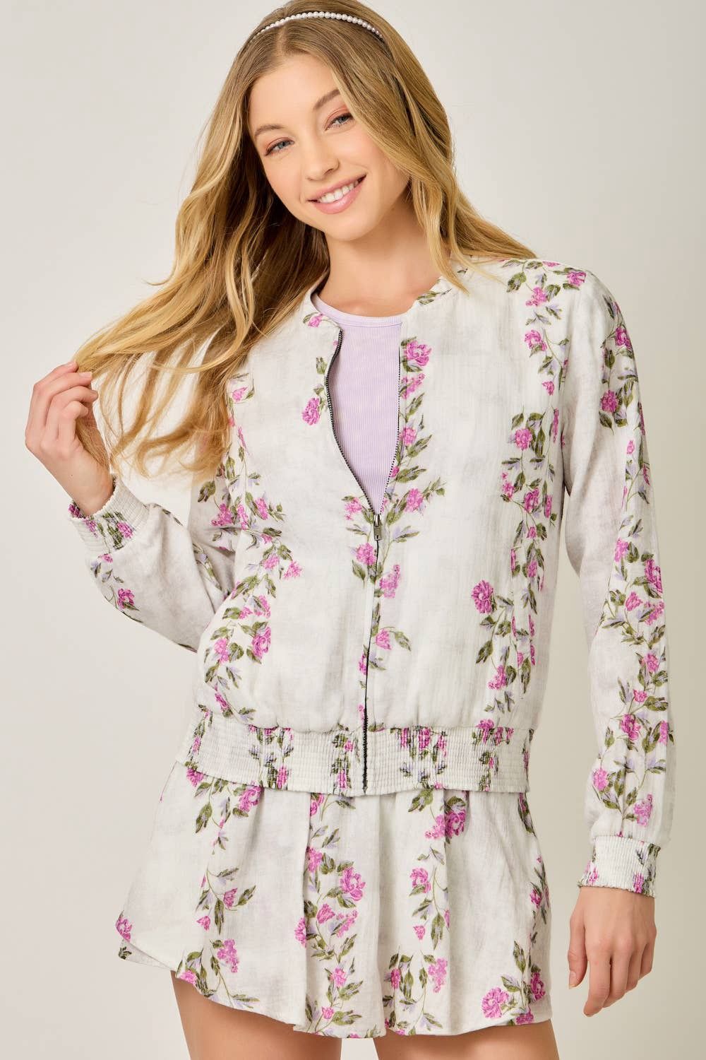 Floral Print Bomber Jacket, Color: Ivory, Size: S
