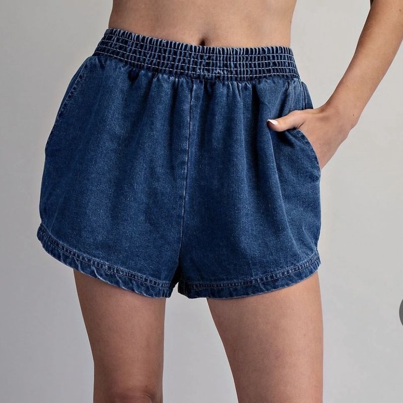 Solid Elastic Waist Denim Shorts