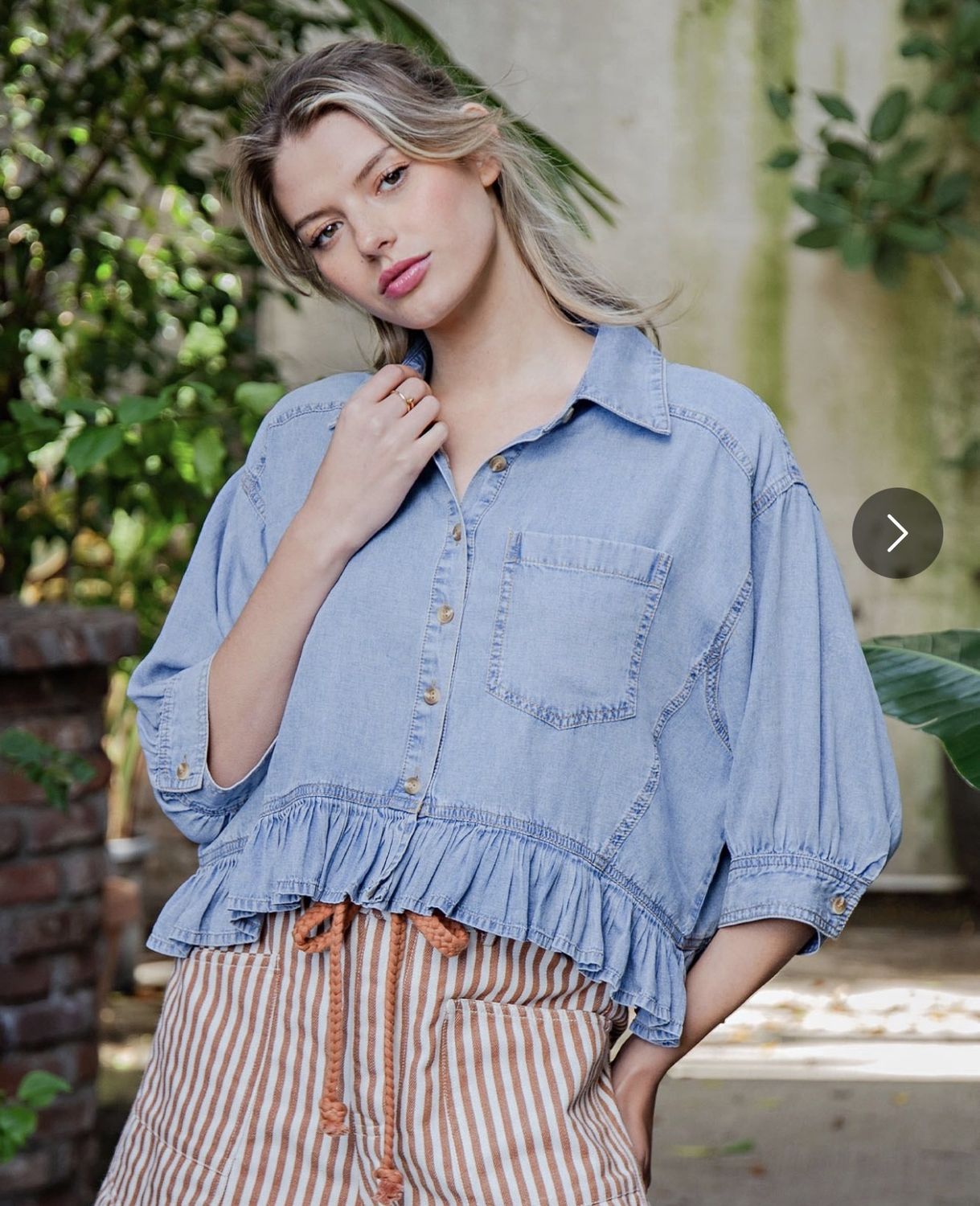 Ruffled Hem Button Down Denim Top