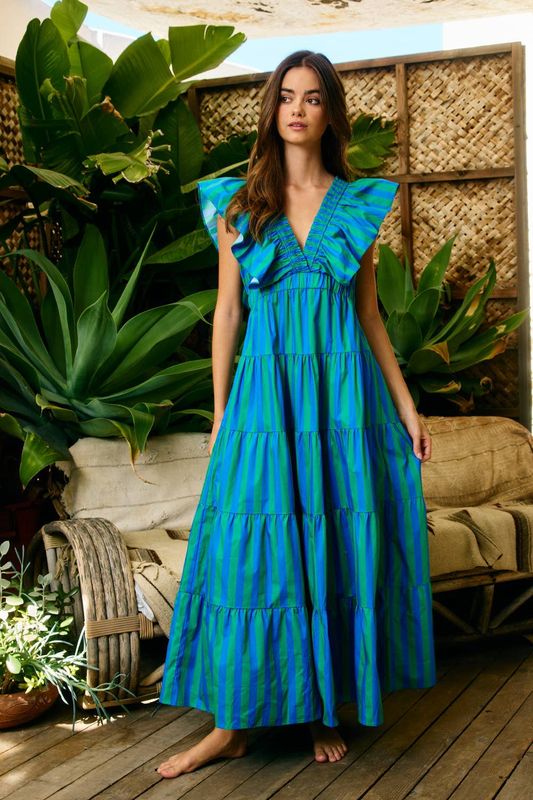 Striped Ruffle-Sleeve Tiered  Dress